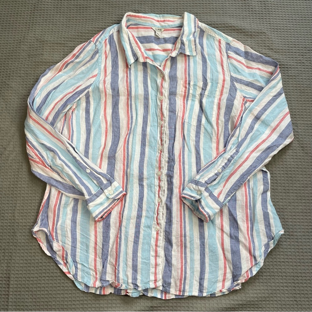 LL Bean Premium Washable Linen Tunic Shirt 1X Womens Multicolor Stripe